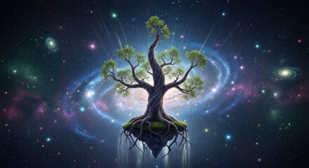 Wall Mural - A tree with roots floating in space, surrounded by a galaxy of stars and nebulae.