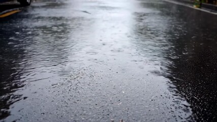 Wall Mural - ﻿Heavy rain falls onto a dark, wet asphalt street, creating mesmerizing ripples and reflections under moody, overcast lighting with a slow dolly shot moody, rainfall, overcast lighting
