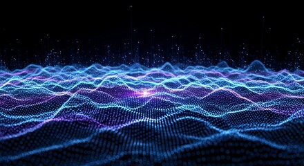 A digital landscape with blue and purple waves of light against a dark background with small particles