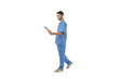 © Atlas - Male doctor walks while holding medical paperwork, isolated, PNG