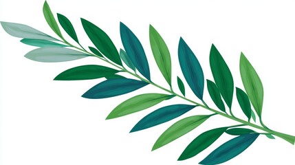 A vibrant illustration of an olive branch with numerous green leaves, showcasing a gradient of colors from light to dark green.