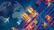 © Travel mania - Aerial view and top view cargo plane flying above ship port coverage world map import-export business and logistics international goods. Shipping cargo to harbor by crane