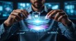 © Add - Cybersecurity expert architecting a multi-layered security system for FinTech and secure online payments. Man interacts with futuristic holographic data protection interface.