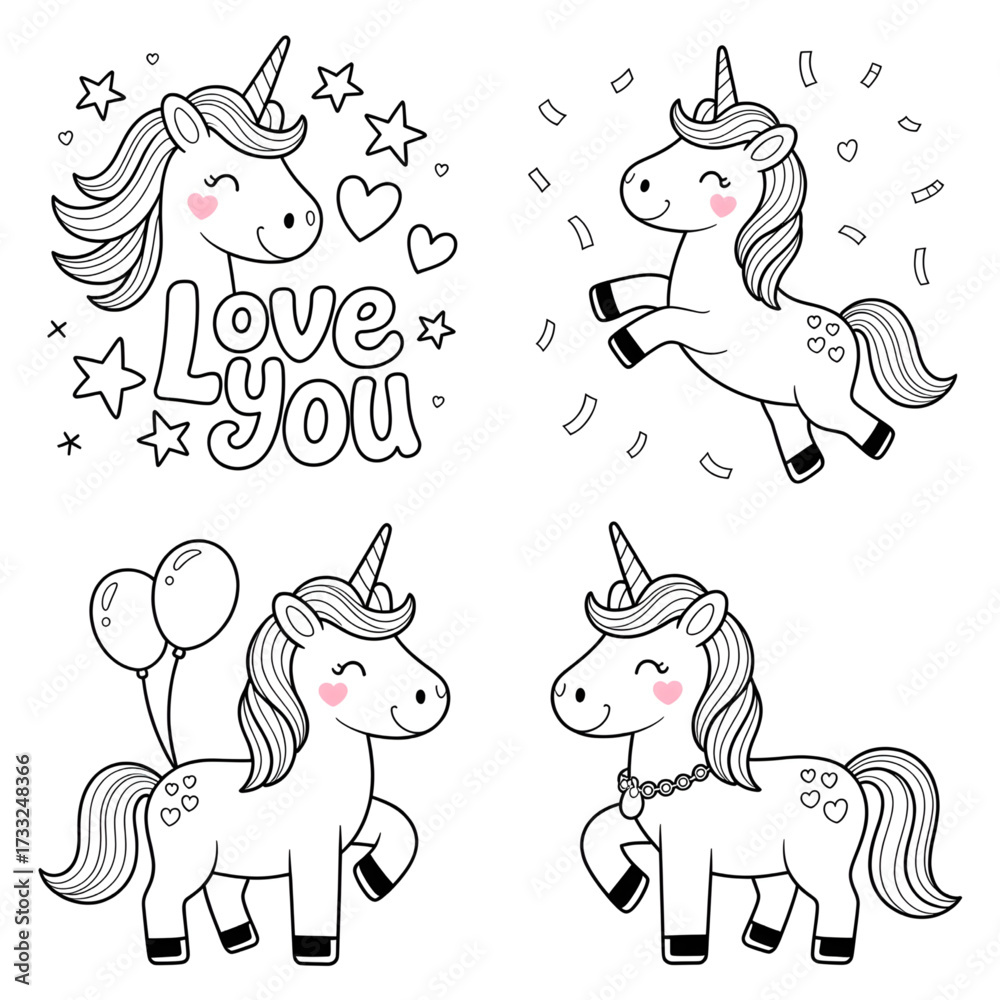 Cute Unicorn Coloring Pages for Kids, Love You, Balloons, and Sparkles ...