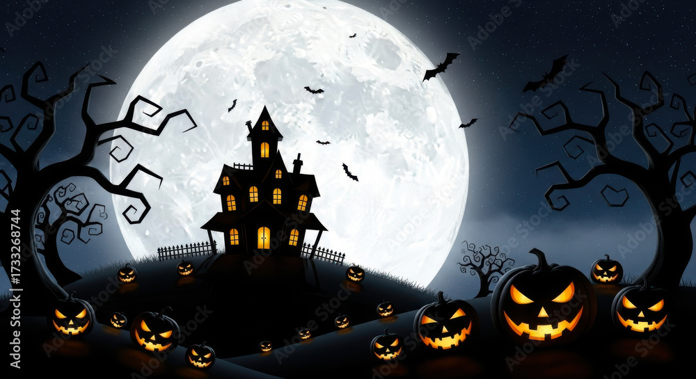 Haunted house on a hill under a large full moon with jackolanterns and ...