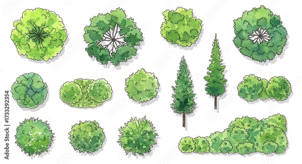Watercolor illustration of various green trees and bushes for landscape ...
