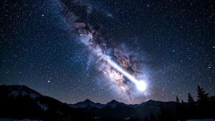 Wall Mural - Striking wide shot captures a brilliant meteor streaking across the vibrant, glowing band of the Milky Way galaxy in the night sky outdoors, dynamic, universe