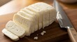 © Sarunge - Close-up of a sliced block of halloumi cheese with a knife resting on a wooden board showcasing fresh ingredients for
