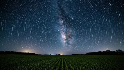 Wall Mural - Spectacular night sky timelapse revealing star trails and the Milky Way over a peaceful, open crop field long exposure, open field, landscape