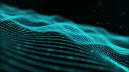 Abstract turquoise waves moving in a dark space with glowing particles