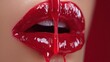 © KYR - Vivid Red Lip Gloss Dripping Off Glossy Lips on Lip Care Concept Background