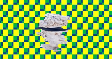 Wall Mural - Animation of head sculpture moving on yellow square patterned background