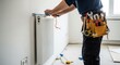© ViskBx - A handyman fixing a radiator with tools and a tool belt in a bright room during home renovation work
