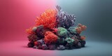 Climate Change A vibrant coral reef cluster set against a pink and blue background, showcasing diverse textures and colors.