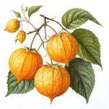 Botanical drawing of cape gooseberry fruits and leaves high resolution picture