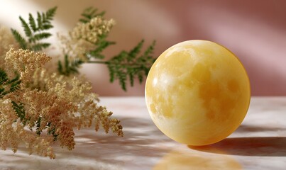 Wall Mural - The background is a soft blend of light gold and pale pink, with a gentle, luminous glow. In the center, a large translucent yellow moon shines with a crystal-clear