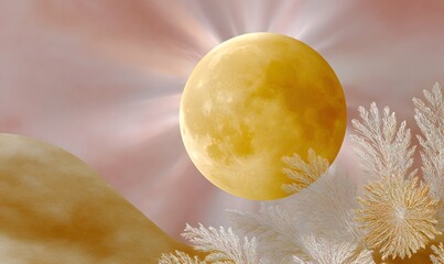 Wall Mural - The background is a soft blend of light gold and pale pink, with a gentle, luminous glow. In the center, a large translucent yellow moon shines with a crystal-clear