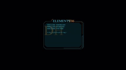 Futuristic Digital Interface Displays C++ Code and Data Elements on Black Background