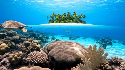 Wall Mural - serene underwater view of a vibrant coral reef near a tropical island in crystal clear blue waters a
