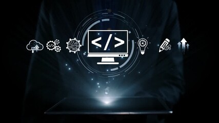 Modern web development concept featuring coding symbols, web development process, web development interface, and web development tools with futuristic design. Elide