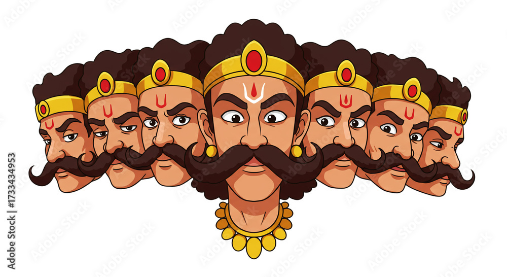 Cartoon illustration of Ravana, the ten-headed demon king from Hindu  mythology, perfect for Dussehra festival themes and cultural projects.  Stock Illustration | Adobe Stock