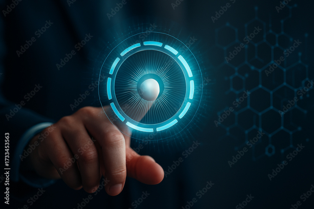 AI generated digital interface image showing a human finger touching a ...