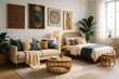 © Who is Danny - Cozy boho-style bedroom and living room with rattan furniture, ethnic wall art, cushions, and houseplants in a sunny, light-filled interior. Ai generative