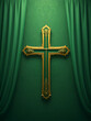 © Bob - Liturgic green velvet with golden Christian Coptic Orthodox Cross. 3D illustration background for worship live stream church sermon. Concept for Palm Sunday, Pentecost, Holy Spirit Day, and Feasts.
