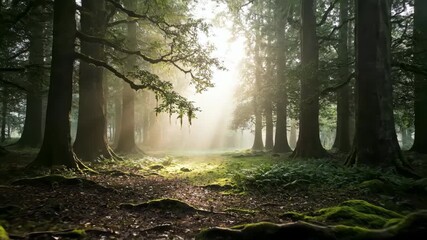 Wall Mural - Majestic slow push-in shot revealing a hidden clearing in a dense, misty forest bathed in diffuse morning light wild, woodland, open space