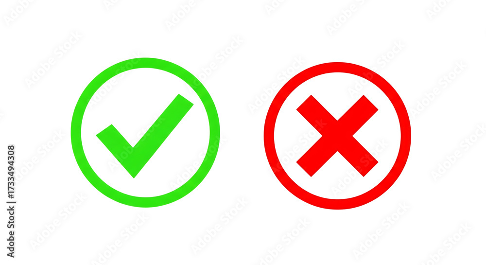 Green check mark and red cross symbols isolated on transparent ...
