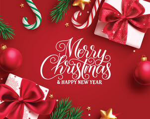 Wall Mural - Merry Christmas greeting card clipart design. Christmas card and wishes in red banner clip art with gift box and candy cane elements decoration for holiday season poster vector illustration.

