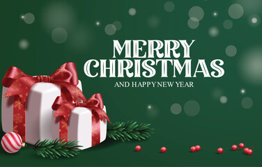 Wall Mural - Merry Christmas green card clipart design. Christmas and happy new year greeting clip art with gift boxes, pine tree and holy berry decoration elements in green background vector illustration.
