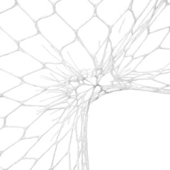 transparent soccer goal net of glossy synthetic fibers, taut and fraying from powerful impact recoil, isolated on clean transparent, extreme macro photography concept of dynamic tension