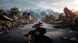 Crumbling infrastructure and earthquake damage in a natural disaster zone urban ruins desolate landscape