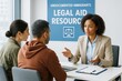 © Who is Danny - Legal advisor assisting undocumented immigrants in modern office setting with legal aid resources sign in background, addressing social justice concept. Ai generative