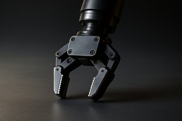 Wall Mural - Close-up of black robotic claw arm on dark background with soft abstract lighting emphasizing mechanical precision and futuristic technology concept. Ai generative