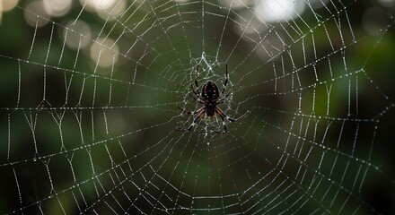 Spiderweb glistening with dewdrops showcases nature's intricate design with a spider at center