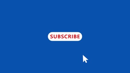 Computer mouse clicking the subscribe button animation on blue background. reveal of a red subscribe button animation with the mouse pointer and click..