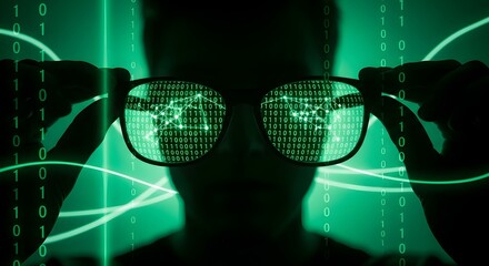 A person viewing digital binary code and a network web through eyeglasses. Concept of cyber security, technology integration, digital privacy, and the fusion of data and human vision