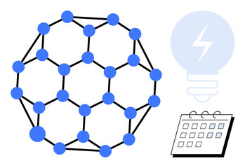 Geometric network of blue nodes linked in a grid, lightbulb for energy or ideas, and calendar icon. Ideal for innovation, science, collaboration, scheduling, growth energy creative planning. Simple