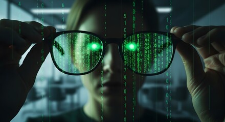 Woman holding eyeglasses with green binary code reflecting on the lenses. Concept of cyber security, technology focus, digital vision, and human interaction with data and information systems