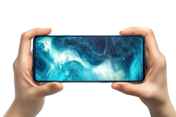 Hands holding a smartphone displaying abstract blue energy isolated on transparent background. Horizontal screen in hands mobile smartphone mockup in hands isolated on white background.