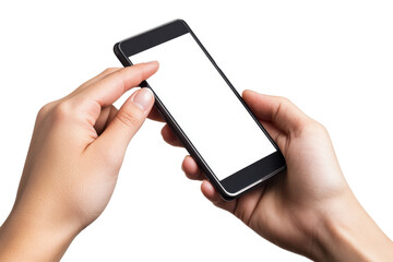 Person holding a smartphone with a blank screen isolated on transparent background. Hand holding mobile phone white screen mockup index finger tapping on smartphone isolated on white background.