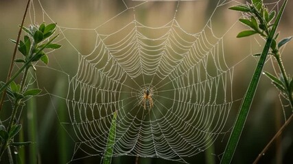 Spiderweb with morning dew drops in a natural outdoor setting.
