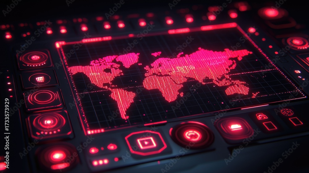 Futuristic World Map Display on a High-Tech Control Panel with Red ...