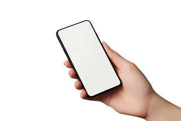 Hand holding a smartphone with a blank screen isolated on transparent background. Hand holding mobile phone finger clicking on blank screen mock up tapping ok on display isolated on white background.