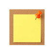 © ArtOm@r98 - Orange Pushpin Securing Yellow Square Note on Cork Board thumbtack sticky note isolated on a transparent background