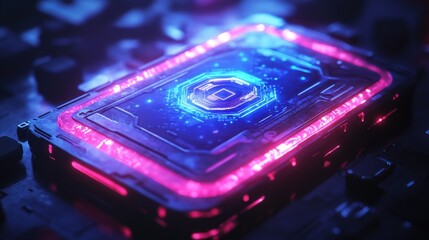 Wall Mural - A vibrant neon circuit board showcases technological innovation. The glowing processor represents the future of computing. Experience the fusion of art and technology. Generative AI
