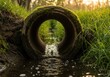 © Aethera - Close up of old concrete drainage pipe filled with flowing water