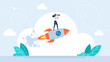 © Yurii - A businesswoman with a telescope is flying on a rocket. Woman entrepreneur, startup business or success сompany, professional management or female manager concept. Confidence girl. Flat illustration
